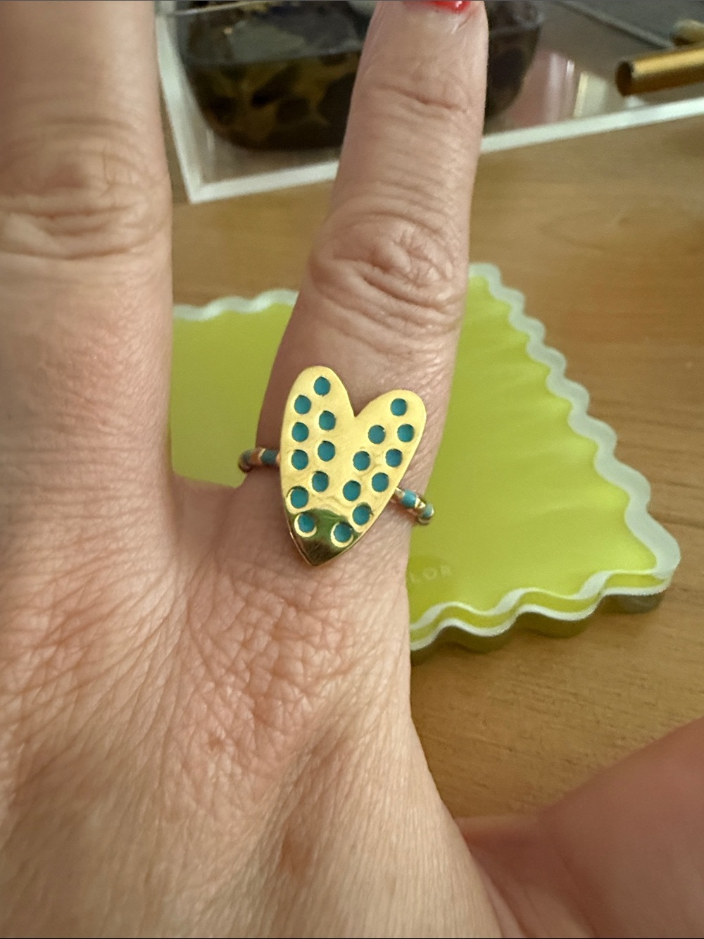 Golden bug  Gold-tone Heart Ring with Turquoise Dots